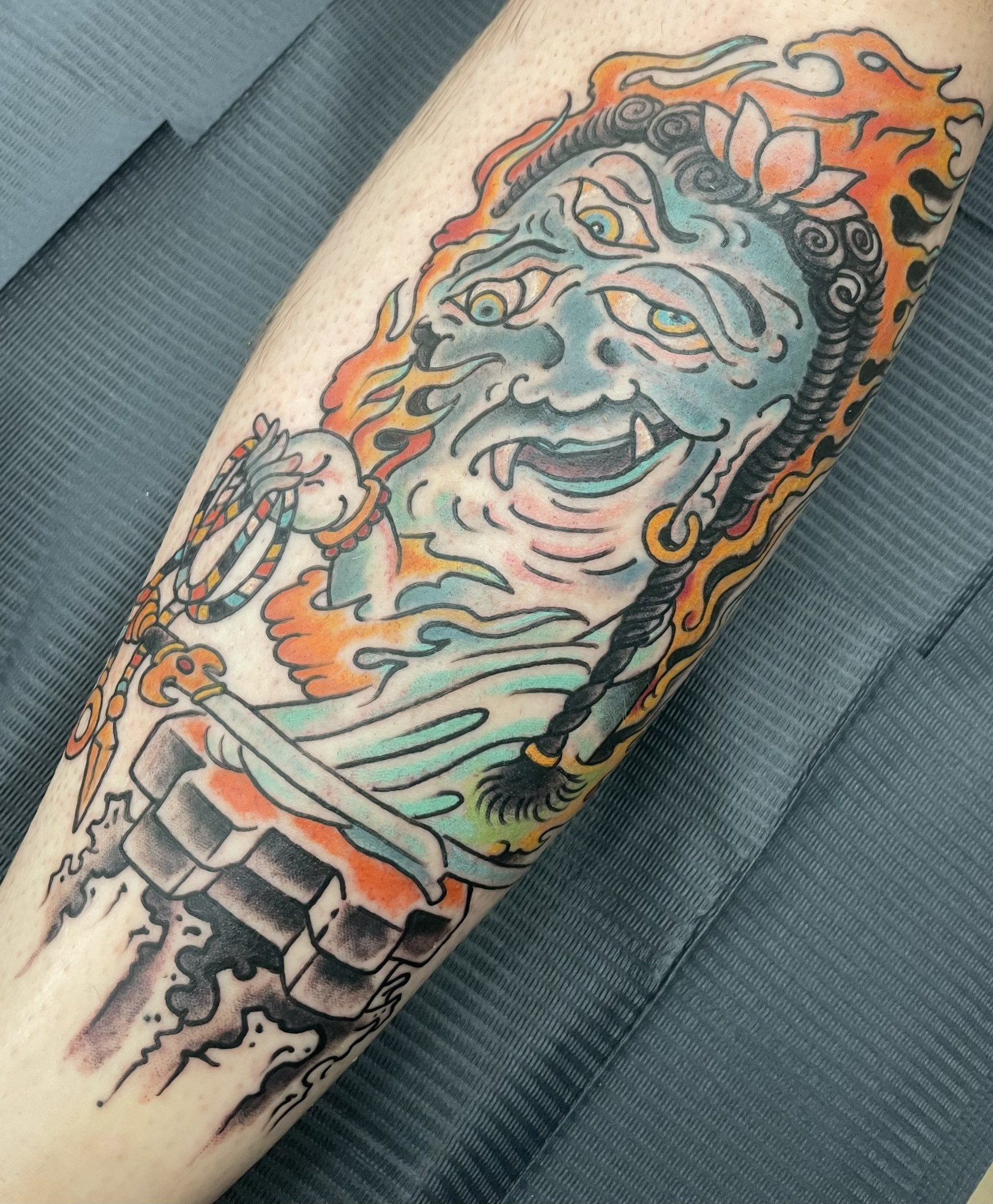 Color multi eyed demon tattoo by Dom at Last Hope Tattoo Company in Toledo