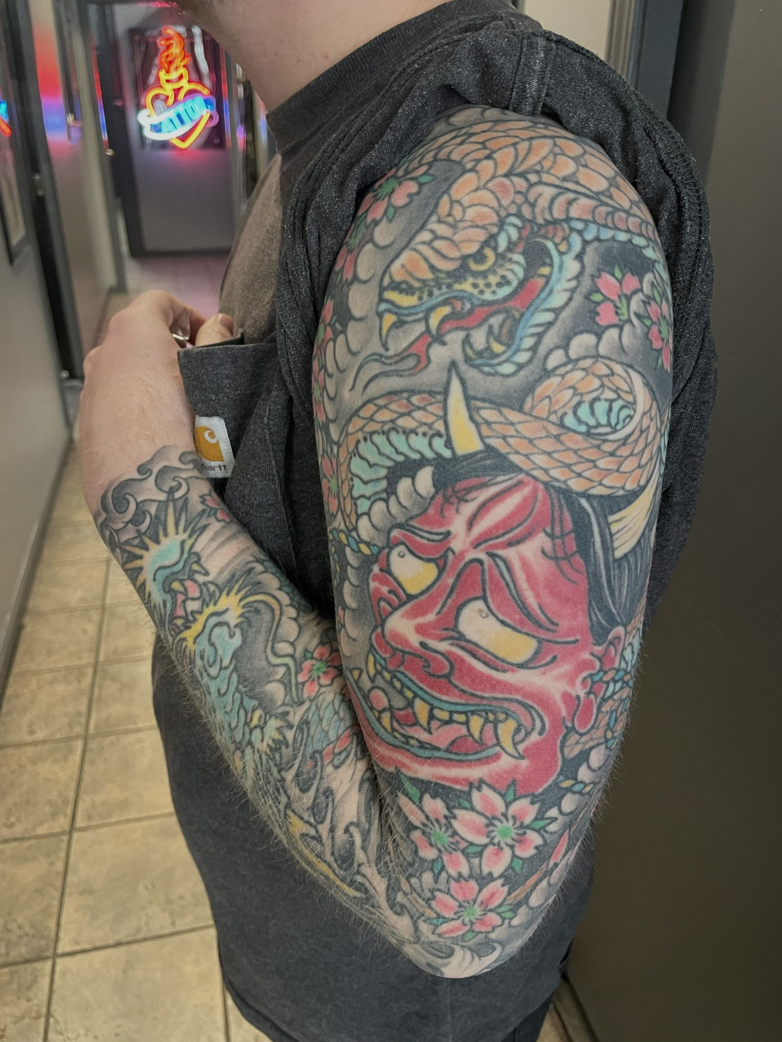 Japanese snake hannya mask sleeve by Dom at Last Hope Tattoo Company in Toledo