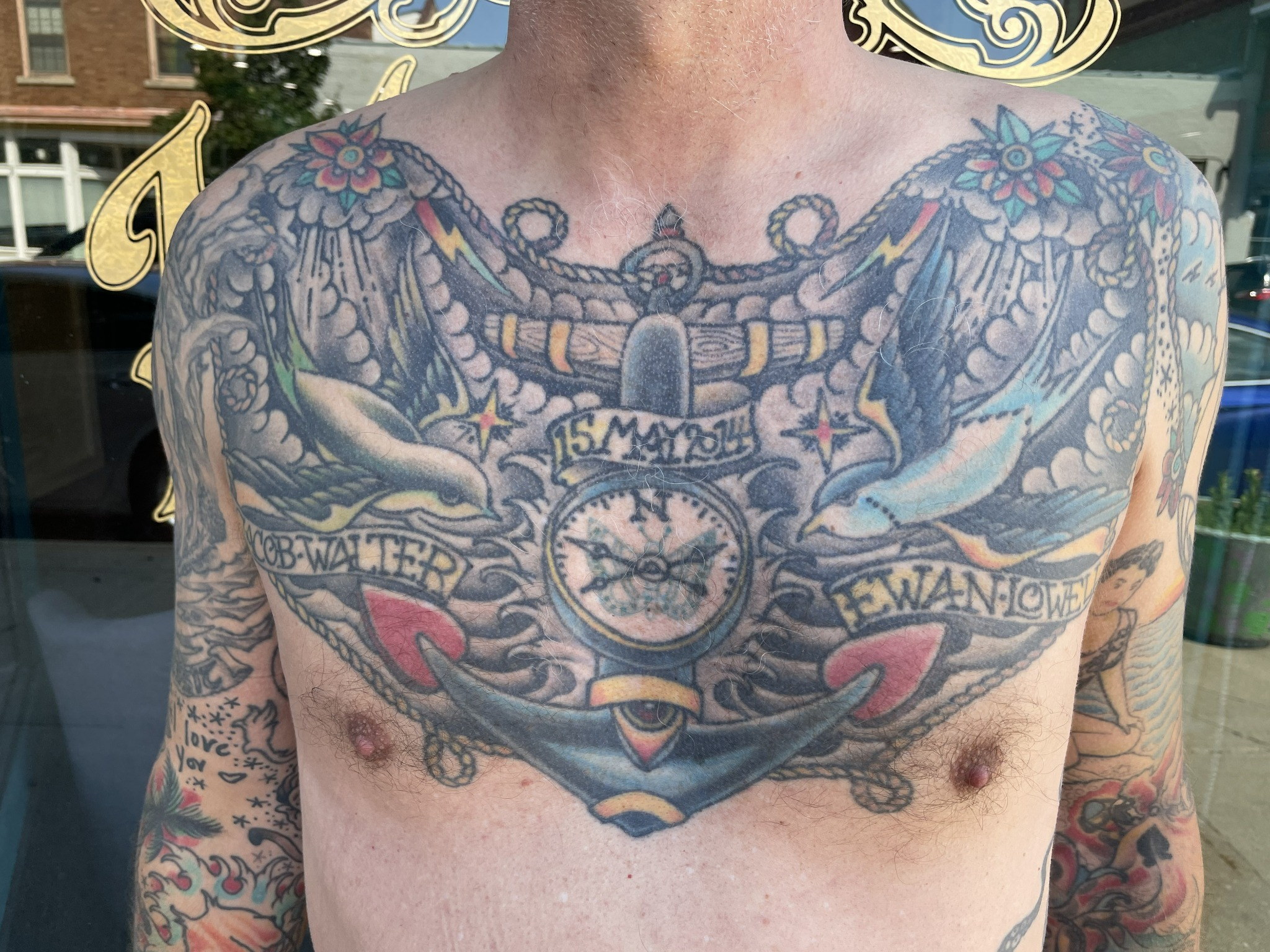 Nautical anchor swallows chest tattoo by Dom at Last Hope Tattoo Company in Toledo