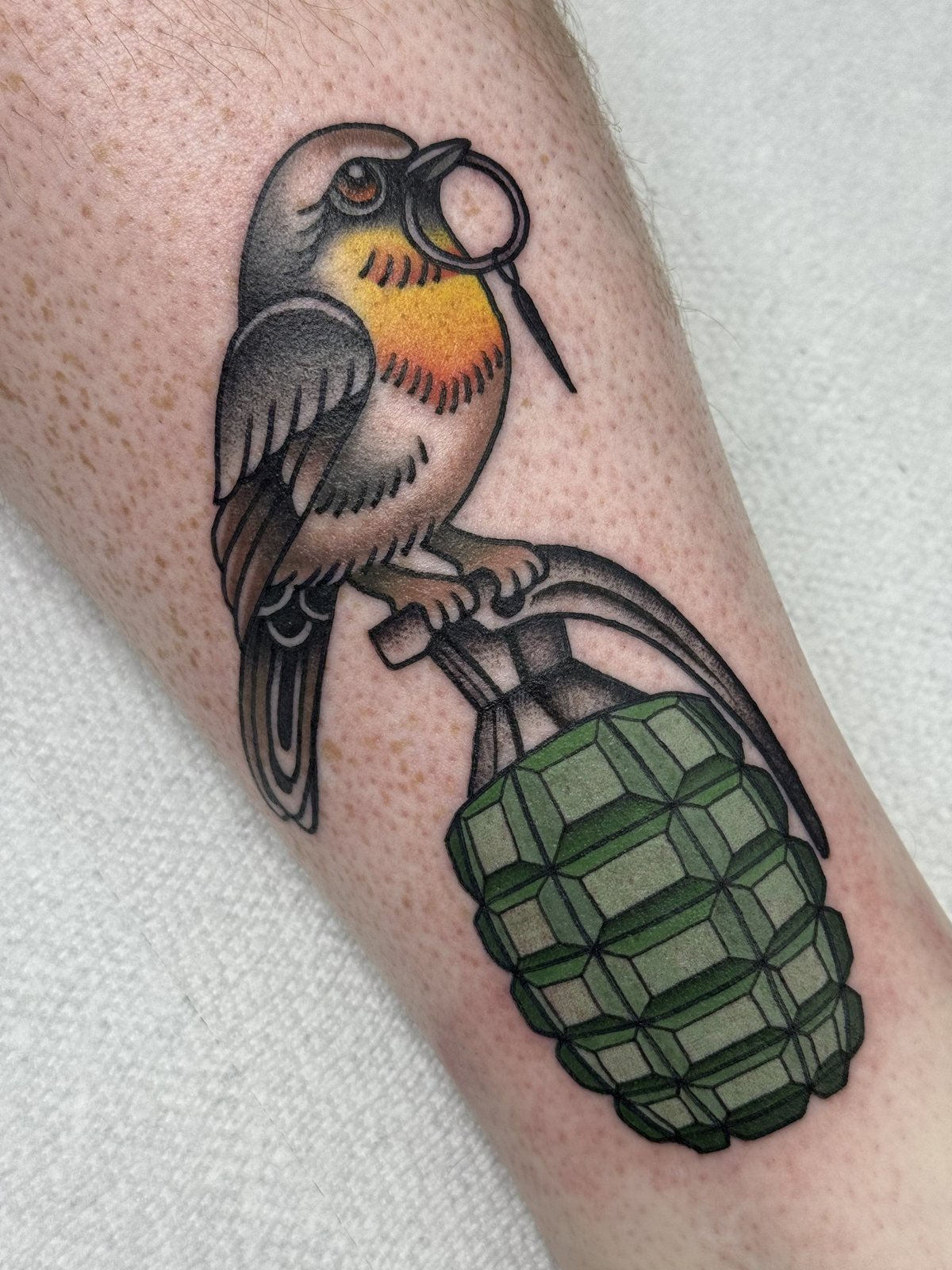 Color bird grenade tattoo by Kara at Last Hope Tattoo Company in Toledo