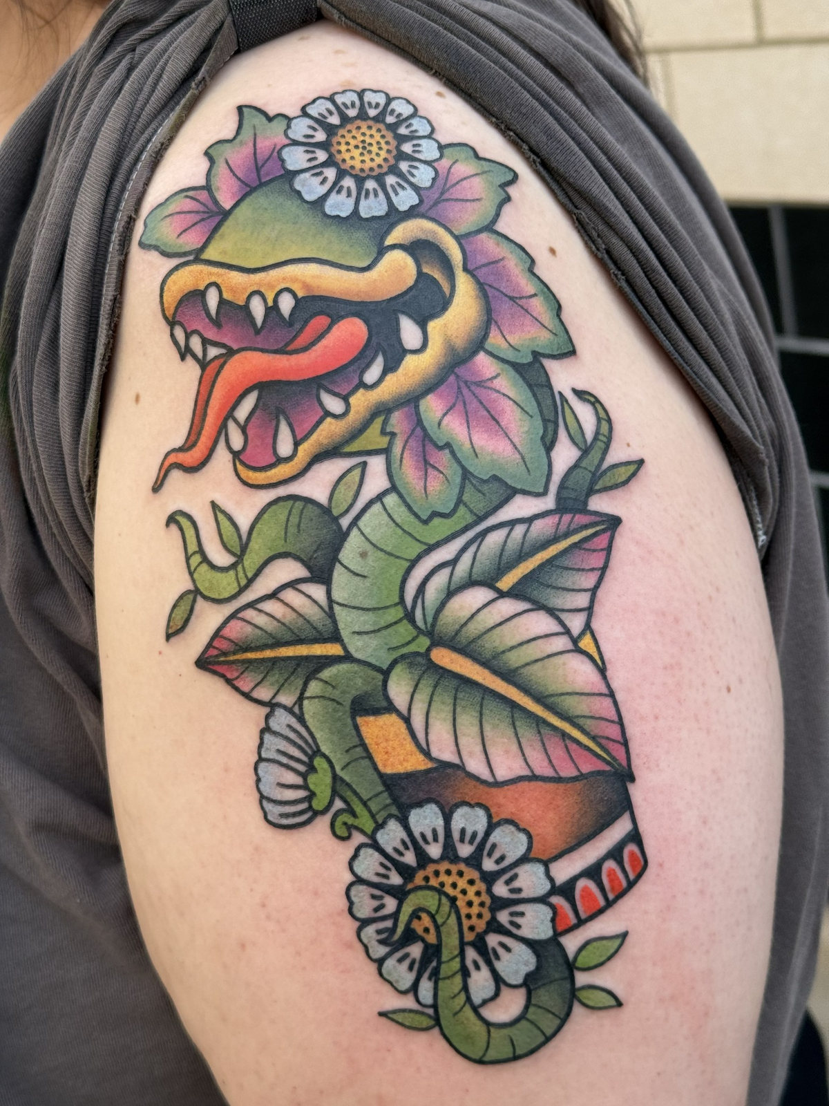 Color plant monster tattoo by Kara at Last Hope Tattoo Company in Toledo