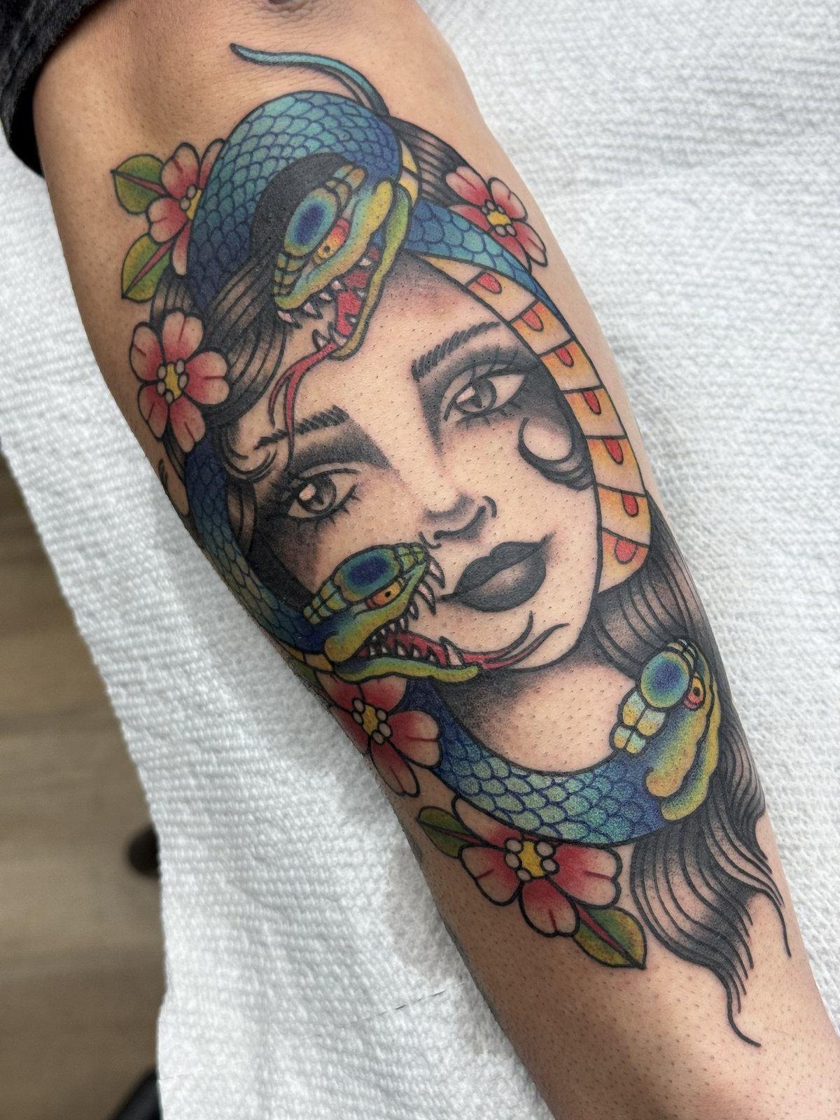 Color woman snake portrait tattoo by Kara at Last Hope Tattoo Company in Toledo